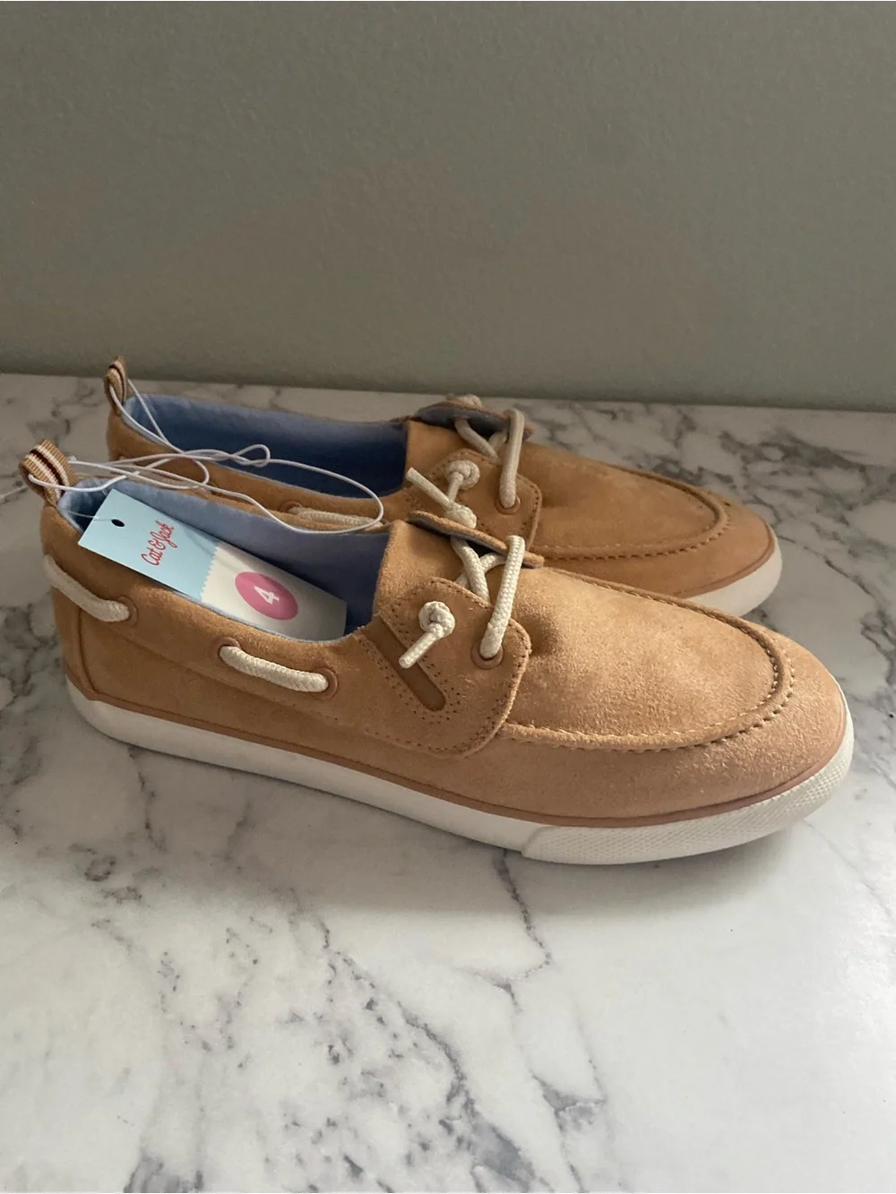 Cat & Jack Men's Tan Suede Boat Shoes with Cream Laces